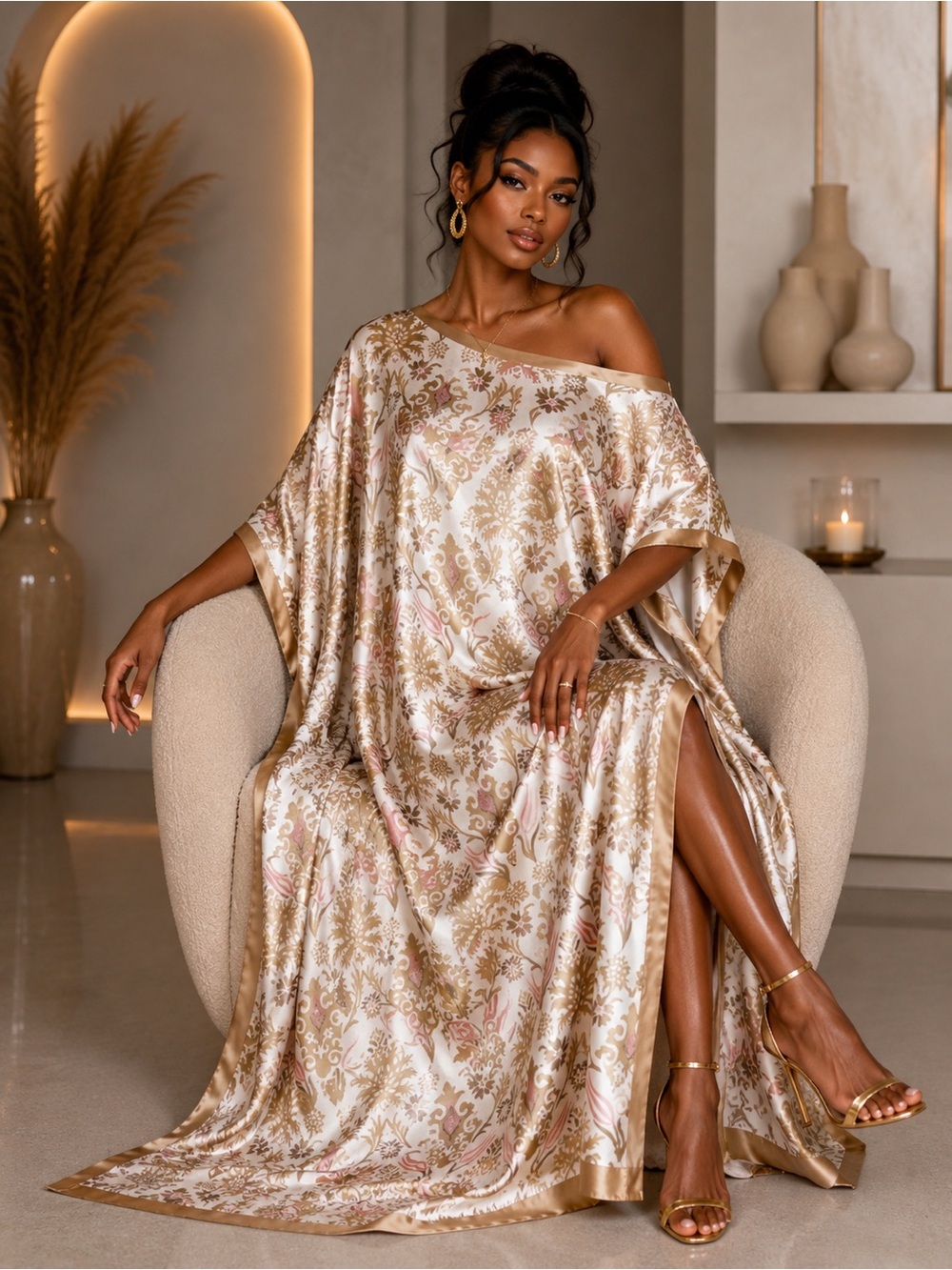 Luxe Satin Kaftan Maxi Dress Matching Scarf Champagne Gold Damask Resort Caftan - Picture 2 of 2